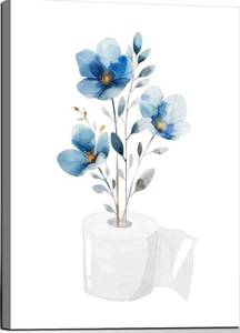 lot 57826 image: Framed Bathroom Canvas Wall Art With Blue Flowers Embellishing Toilet Paper Elegant Floral Bathroom Decorative Painting For Living Room And Bedroom Gallery Style 12x16 Inches Can Be Hung Directly - Retail $17