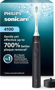 lot 57835 image: Philips Sonicare 4100 Series Electric Toothbrush - Sonic Toothbrush with Advanced Sonic Technology, Pressure Sensor, Two Intensity Settings, Smartimer & Quadpacer, Black, Model HX368124(missing electric charger) - Retail $40