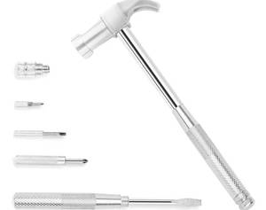 lot 57836 image: 6-in-1 Multi-Purpose Hammer & Screwdriver Tool with Non-Slip Handle SlottedFlat Head Phillips Screwdriver Mini Hammer for Opening Walnut, Home & Watchmaker Repair Tools (argent) - Retail $13