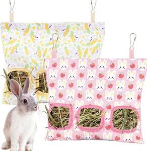 lot 57841 image: 2pcs Bunny hay feeder Rabbit hay feeder bag Hanging guinea pig hay bag Large capacity cotton canvas fabric hay bag for Rabbits Bunny Chinchillas Hamsters and Other Small Pets(3 Holes,2 styles) - Retail $10