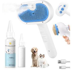 lot 57845 image: Pet Steam Brush for Dog & Cat - 3-in-1 Steam Grooming Brush for Shedding & Hair Removal - Self Cleaning Spray Comb with Mist for Long Haired Pets - Includes 1Waterless Shampoo, Blue. - Retail $20