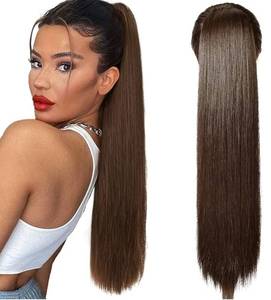 lot 57848 image: 28 Ponytail Extensions Drawstring Long Straight Fake Pony Tail Natural Soft Clip in Hair Extension Synthetic Heat Resistant Hairpiece - Dark Chocolate Brown - Retail $19