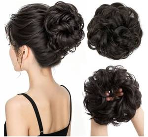 lot 57849 image: Large Messy Bun Hair Piece Wavy Curly Scrunchies Synthetic Chignon Ponytail Hair Extensions Thick Updo Hairpieces for Women Brown Black - Retail $10