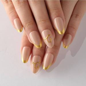 lot 57851 image: Birthday Press On Nails, 3D Letter c Gold French Tip Short Almond Fake Nails, Reusable Trendy Personalized Glossy Soft Gel Acrylic False Nails, Personalized Gift for Women Birthday Party - Retail $8