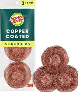 lot 57856 image: Scotch-Brite Copper Coated Scrubbers, Scouring Pads for Cleaning Tough Baked-On Messes, Metal Scrubbers for Cleaning Dishes, 3Scrub Pads - Retail $3