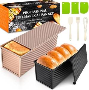 lot 57871 image: 2Pack Pullman Loaf Pans with Lids �� 2.2 LB & 1 LB Dough Capacity, Non-Stick Carbon Steel Bread Pans for Homemade Sandwich and Sourdough Bread, Corrugated Toast Mold - Retail $25