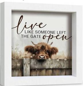 lot 57892 image: Highland Cow Farmhouse Decor, Farmhouse Western Animal Office Kitchen Bathroom Decor, Live Like Someone Left The Gate Open Frame Wooden Box Sign For Home, Highland Cow Gifts For Women - Retail $18