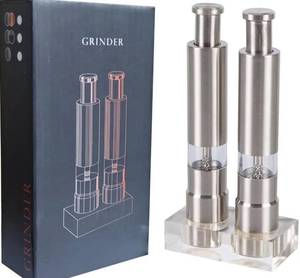 lot 57894 image: Stainless Steel Salt and Pepper Grinder Set, Manual Refillable Peppercorn Mills with Push Button, Thumb Grinder, Sliver White - Retail $37