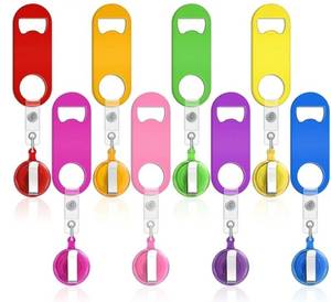 lot 57897 image: 7 Pieces Retractable Bottle Opener Bartender Flat Beer Opener with Round Badge Reel Clips Holder for Kitchen Restaurant Home Supplies Party Gifts Classic, Assorted Color - Retail $10