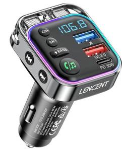 lot 57899 image: LENCENT Bluetooth 5.3 FM Transmitter Car Adapter 48W (PD30W & QC18W) Fast Charger, Light Switch, HiFi Bass Sound Audio Receiver Wireless Radio MP3 Music Player, Hands-Free Calling, Support USB Drive - Retail $22