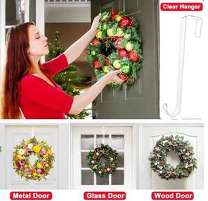 lot 57912 image: Clear Wreath Hanger Hooks, 15 in, 2 Pack Non Scratch Over The Door Hooks, Fall Halloween Christmas Decorations Indoor Outdoor, Welcome Sign for Front Door Decor - Retail $7
