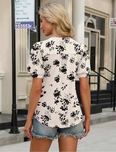 lot 57916 image: Womens Tops Puff Short Sleeve Shirts Dressy Casual Henley V-Neck Summer Tops Pleated T-Shirts Loose Fit,  Tunic Blouses, s - Retail $17