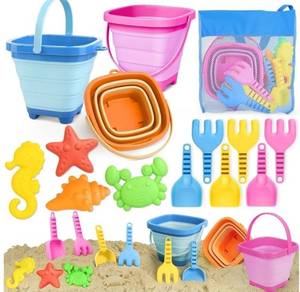 lot 57920 image: Beach Toys for Kids 3-10, Collapsible Sand Castle Toys for Beach Include 3 Pack Foldable Buckets, Shovels Molds and Storage Mesh Bag, Sandbox Travel Toy for Toddlers Kids - Retail $24