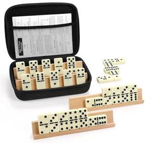 lot 57923 image: Jumbo Dominos Set for Adults with 4 Wooden RacksTrays, Double 6 Dominoes Travel Set with Portable Case Double Six Dominoes Set with 4 Tiles Holders, 28 Tiles Dominos Set for Family Board Games - Retail $37
