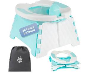 lot 57924 image: Baby Portable Potty Training Chair with Travel Bag and 30 Liners, Foldable, IndoorOutdoor Use, Camping (Aqua) - Retail $25