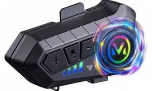 lot 57931 image: Motorcycle Helmet Bluetooth Headset Speakers with HiFi Sound, Noise Cancellation,1000mAh Battery,25 Hours Use, Boom Microphone, Easy to Install Use with Golves,IPX6 Waterproof, Voice Assistant - Retail $16