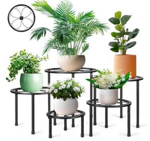 lot 57942 image: 5 Pack Metal Plant Stand, Iron Plant Stands for Indoor and Outdoor, Flower Pot Stands for Multiple Plant, Black Potted Plant Holder for Garden Home - Retail $28