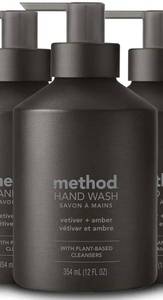 lot 57957 image: Method Gel Hand Soap, Vetiver  Amber, Reusable Black Aluminum Bottle, 12 oz - Retail $8