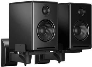 lot 57976 image: Speaker Wall Mounts, Dual Speaker Stands for Surround Sound Speakers, Universal Bracket, Tilt Swivel Shelves Up to 55lbs Black (2 Pack) - Retail $28