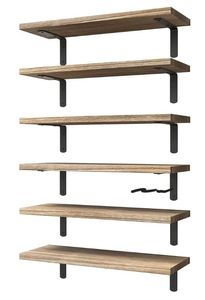 lot 57977 image: Wood Floating Shelves Set of 6, Shelves for Wall Decor, Farmhouse Shelf for Bedroom, Bathroom Storage Shelves, Book Shelves for Living Room - Rustic Brown - Retail $26