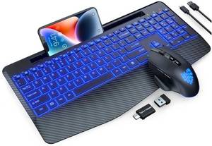 lot 57980 image: Wireless Keyboard and Mouse Backlit, Wrist Rest, LED Mouse, Rechargeable Ergonomic Keyboard with Phone Holder, Silent Light Up Combo for Computer, Mac, PC, Laptop, Chromebook - SABLUTE KM22 Ultra - Retail $50