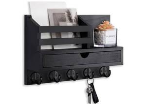 lot 57982 image: Key Holder Wall Mount, Mail Holder with Storage Drawer and 5 Key Hooks for Coat, Dog Leash, Home Decor Rack, House Accessories, Entry Way Organizer - Retail $24