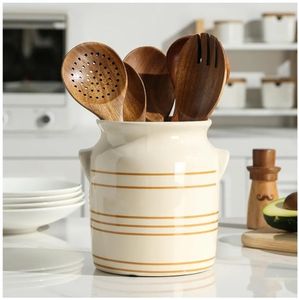 lot 57988 image: Ceramic Farmhouse Kitchen Utensil Holder for Countertop, Rustic Cooking Utensil Holder Crock Fit for Kitchen Counter. 66.86.7 IN - Retail $24