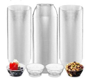 lot 57992 image: JoyServe Clear Mini Plastic Bowls - (Bulk 100 Pack) 6 Oz Disposable Premium Hard Plastic Dessert Bowls for Serving, Weddings, Catering, Parties, Salsa, Home or Event Party Supplies - Retail $18