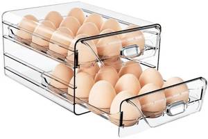 lot 57993 image: Clear 24 Egg Holder for Fridge, Large Egg Organizer for Refrigerator, Stackable Egg Storage Trays for Countertop, Eggs Drawer Dispenser with Time Scale (2 Layer, 7.9x 6.3x 5.5) - Retail $20
