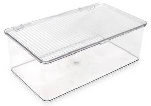 lot 57995 image: Isaac Jacobs Medium Stackable Organizer Bin (10.75x6.5x3.7) w Hinged Lid, Clear Storage Box, Home, Office, School, Fridge, Bathroom, Kitchen, Pantry Container, BPA-Free, Food Safe (Medium, Clear) - Retail $20