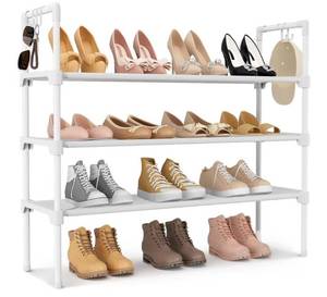 lot 58018 image: 3 Tier Shoe Rack for Closet, Shoe Organizer with 5 Hooks, Long Shoe Shelf Storage for Shoe and Boot Stackable Free Standing Shoe Rack for Entryway, Garage, Small Spaces, Dorm, White - Retail $17