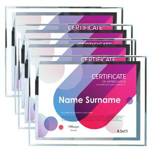 lot 58021 image: SIMONS SHOP 4 Pack Picture Frames 8.5 x 11 Frames for Certificates and Awards 8 12 x 11 Wall and Tabletop Frame Set, Clear with Silver Trim - Retail $32