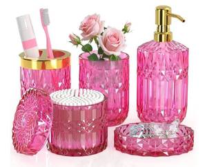 lot 58022 image: Hot-Pink Glass Bathroom Accessories Set 5 Pcs, Hot-Pink Bathroom Set, Soap Dispenser and Toothbrush Holder Set, Qtip Holder Set, Vintage Bathroom Sink Set, Cute Bathroom Decor - Retail $34