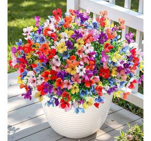 lot 58024 image: Artificial Flowers Outdoors Decoration, Fake Silk mums Eucalyptus Realistic UV Resistant Faux Plants for Outside Indoor Planter Porch Yard Home Spring Decor - Retail $20