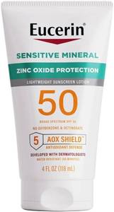 lot 58036 image: Eucerin Sun Sensitive Mineral Sunscreen Lotion SPF 50 with Zinc Oxide Protection, Hypoallergenic Sunscreen for Sensitive Skin, Oxybenzone and Octinoxate Free, 4 Fl Oz Tube - Retail $18