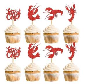 lot 58045 image: 24 Pack Crawfish Cupcake Toppers Red Glitter Lobster Cupcake Picks Ocean Lobster Theme Party Baby Shower Birthday Party Cake Decorations Supplies - Retail $7