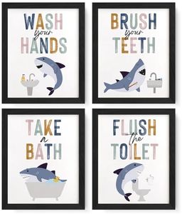 lot 58047 image: JXREQ Shark Bathroom Decor, Cute Sharks Kids Bathroom Posters Wall Art Prints for Nursery Kid Room, 8x10 Inch Unframed Set of 4 - Retail $10