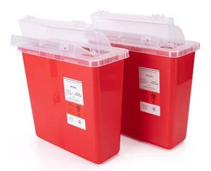 lot 58054 image: Alcedo Sharps Container for Home and Professional Use 5 Quart (2 Pack), Red, Biohazard Needle and Syringe Disposal, Mailbox Style Lid, Medical Grade - Retail $21