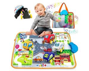 lot 19517 image: Soft Cars Musical Play Mat with Storage Bag for Toddlers - Retail $25