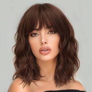 lot 19522 image: AISI HAIR Synthetic Wavy Curly Bob Wig with Bangs Ash Auburn Short Wavy Hair for Women Synthetic Heat Resistant Bob Wigs - Retail $28