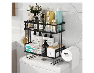 lot 19528 image: 2-Tier Over Toilet Bathroom Storage Organizer with Hooks and Paper Holder - Retail $25
