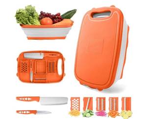 lot 19530 image: Multi-Function Camping Cutting Board with Colander and Vegetable Washing Basket - Retail $25