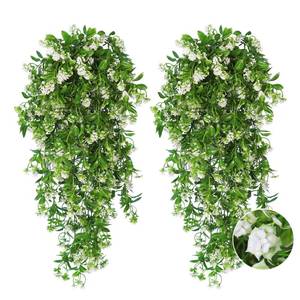 lot 19542 image: RECUTMS 2Pcs Artificial Hanging Flowers for Outdoors Decoration Fake Hanging Plants Faux White Flowers Artificial UV Resistant Plastic Greenery Vines Ivy for Outdoor Indoor Garden Party Decor White - Retail $22