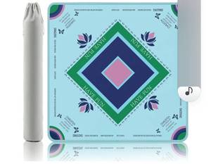 lot 23997 image: Turquoise Mahjong Mat with Lotus & Butterfly Artwork - 32.4x32.4 Inch Hand-Painted Style Rubber Mat, Zen Decor Waterproof Surface, Anti-Slip Foldable Design for Asian-Themed Game Nights - Retail $34