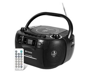 lot 23998 image: Retekess TR621 CD Player Boombox, Cassette Tape Player AM FM Radio, Stereo Sound, USB and TF Card Playback with Remote Control, Tape Recording, for Home(Black) -BROKEN ANTENNA  - Retail $59