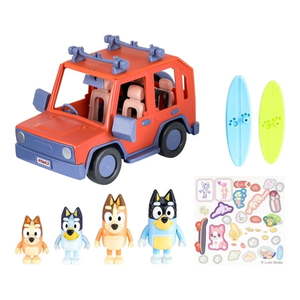 lot 24000 image: Bluey Heeler Family 4WD Vehicle and 4 Figure Pack  2.5-3 Inch Figures  2 Surfboards Accessories and Stickers  Exclusive - Retail $47