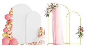 lot 24003 image: Wokceer Wedding Arch Backdrop Stand and Cover Set of 2 Metal Arch Stand with Arch Cover White 7.2FT, 6FT for Birthday Party Wedding Ceremony Bridal Baby Shower Event Decor - Retail $67