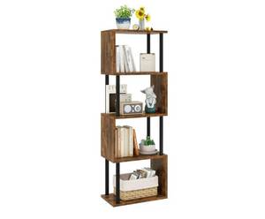 lot 24006 image: IBUYKE 5-Tier Tall Bookshelf,S-Shaped Geometric Bookcase, Wood Display Shelves with Storage,Industrial Bookshelf for Living Room Bedroom, Home Office, Rustic Brown WBC015H - Retail $44
