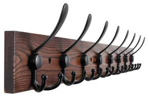 lot 24008 image: Kuhome 32.2 Large Coat Rack Wall Mount Coat Hooks Coat Hanger with 8 Metal Black Triple- Hooks Brown Pine Real Wood Plank Hat Rack for Wall Hooks for Hanging Coat Hat Jacket - Retail $25