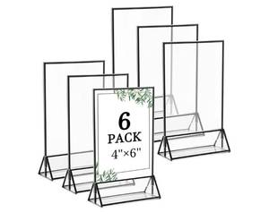 lot 24011 image: Floroom 6 Pack 4x6 Inch Clear Acrylic Sign Holders, Double-Sided Black Display Stand Picture Frames for Table Numbers, Menus, Flyers, Weddings, and Offices - Retail $18
